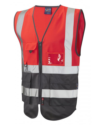 Leo Workwear Lynton Class 1 Hi Vis Red/Grey Superior Waistcoat
