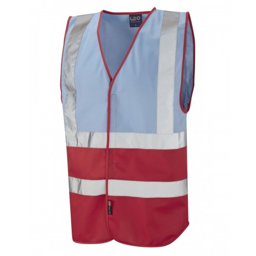 Leo Workwear Pilton Sky/Red Hi Vis Reflective Waistcoat