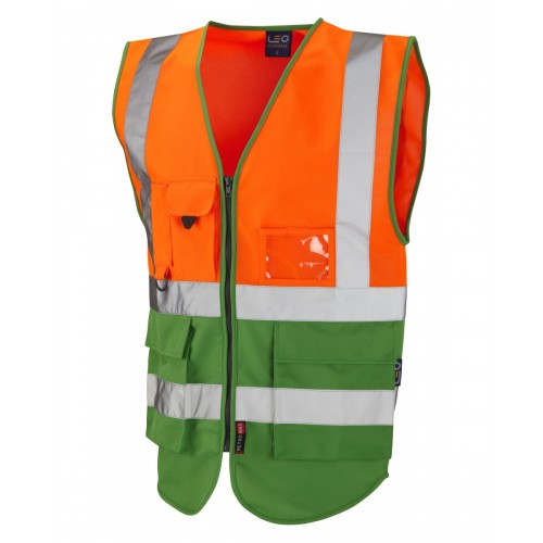 Leo Workwear Lynton Class 1 Hi Vis Orange/Emerald Green Superior Waistcoat