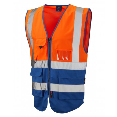 Leo Workwear Lynton Class 1 Hi Vis Orange/Royal Blue Superior Waistcoat