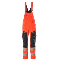 Mascot Accelerate 19569 Bib & Brace With Kneepad Pockets Hi-Vis Red Dark Navy